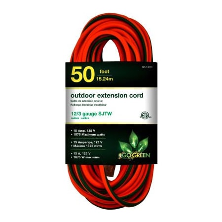 Gogreen SJTW Extension Cord, 12 AWG, Outdoor, 12/3, 1 Outlets, Green/Orange, 50 ft GG-14050